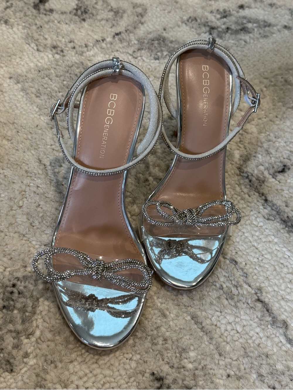 BCBGeneration Silver Crystal Bow Ankle Strap Sandals
